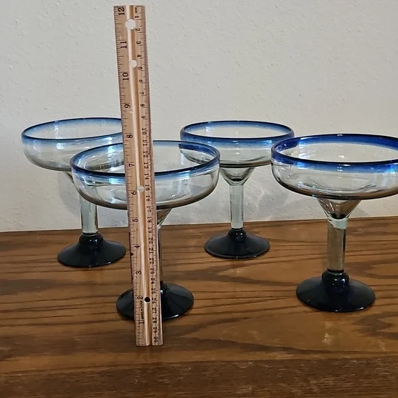 Handblown, Made In Mexico Cobalt Blue Rim Margarita Glass Set - Picture 2 of 6
